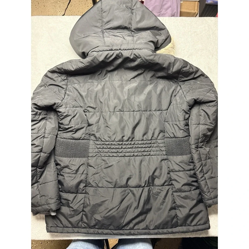 Free Tech Girls Gray Hooded Puffer Jacket Faux Fur Trim Mid-Length Size 12-14